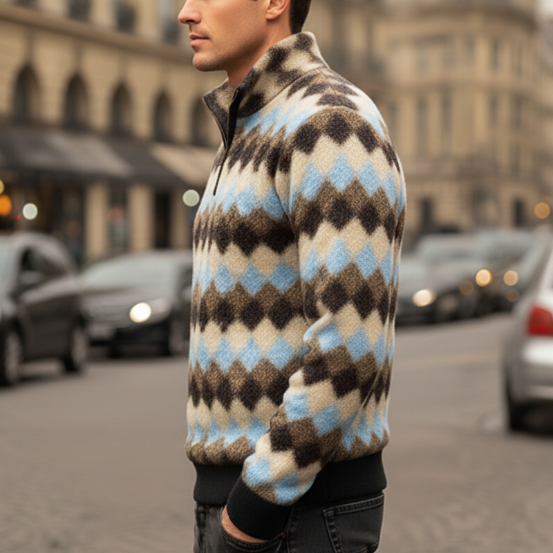 Men's Classic Colorblock Diamond Faux Lambswool Stand Collar Sweatshirt MTA1625J3U