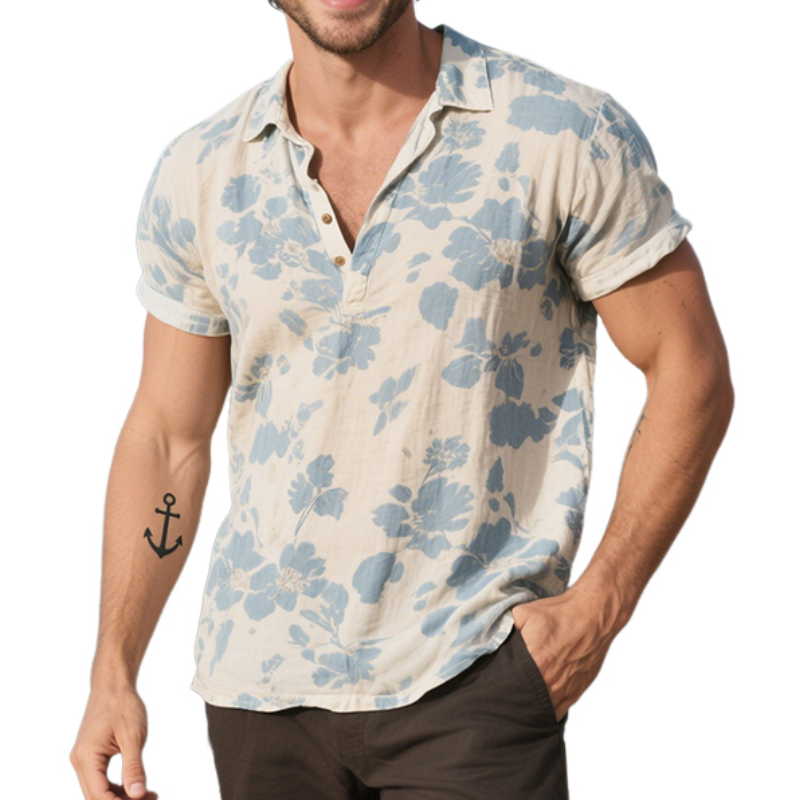 Men's Vintage Casual Floral Print Cotton Lapel Short Sleeve Shirt MTA2196E7TO