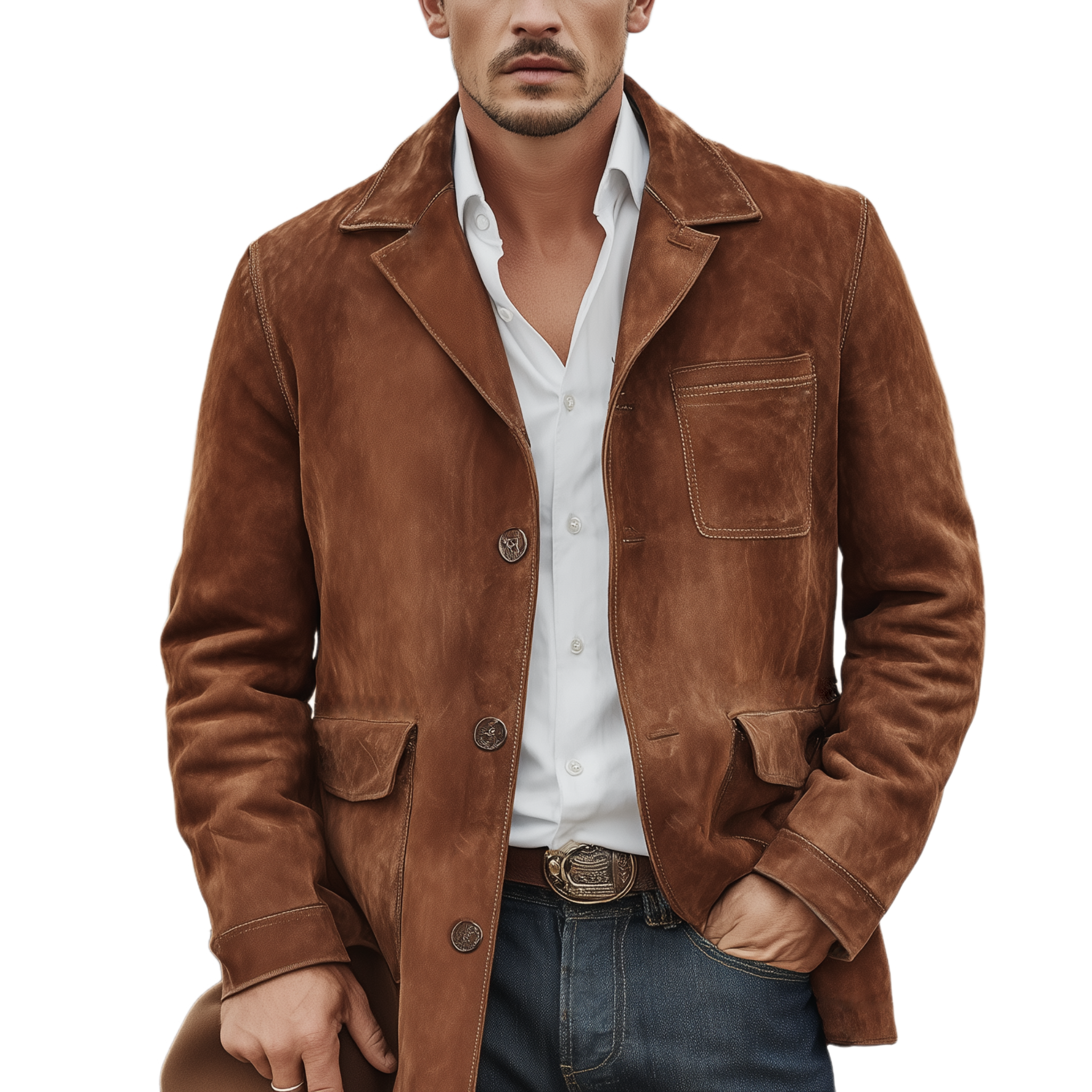 Men's Classic Retro Western Style Lapel Single-breasted Faux Suede Jacket MTA2431K8K