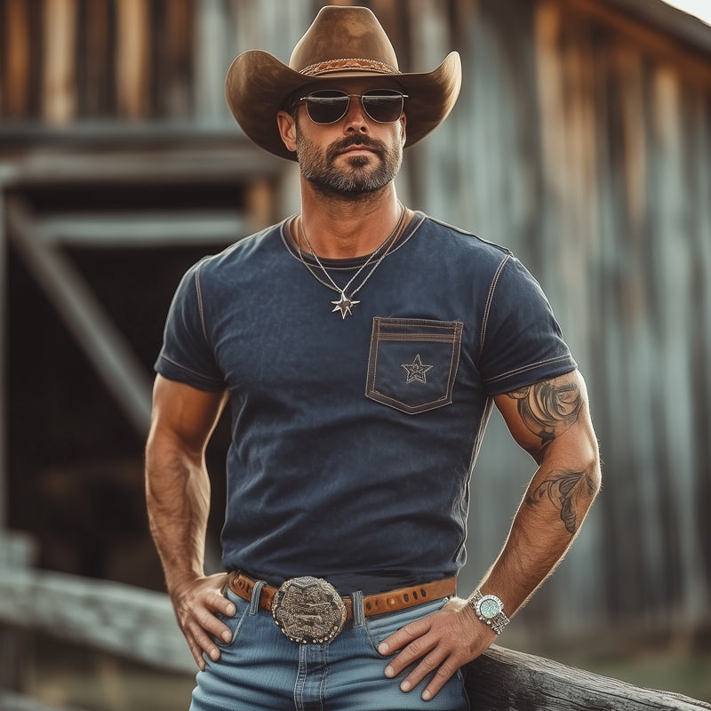 Herre-T-skjorte i western cowboy-stil med stjernebroderi og rund hals MTA2968E9U