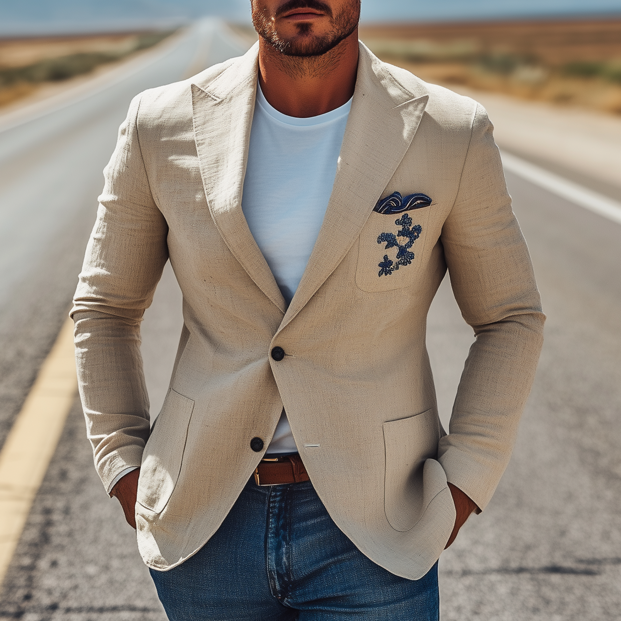 Men's Classic Casual Cotton And Linen Chest Patch Pocket Embroidery Single-breasted Slim-fit Blazer MTA1923G4K