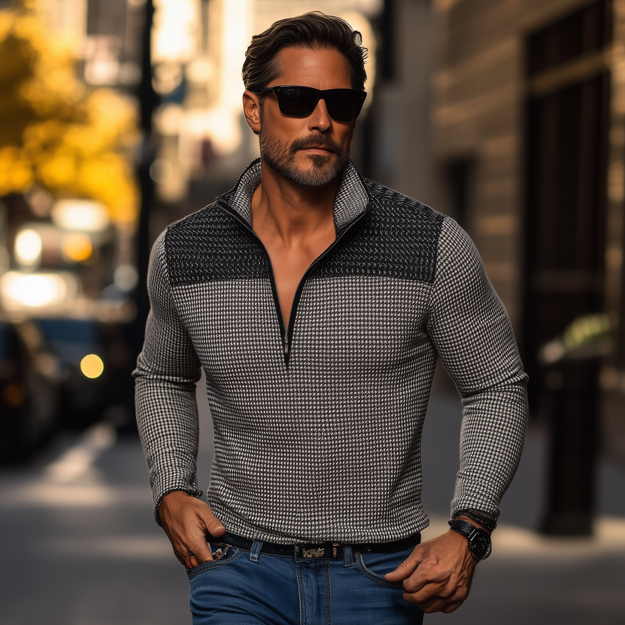 Men's Winter Retro Houndstooth Cotton Blend Patchwork Half-Zip Warm Sweatshirt MTA3037J7P