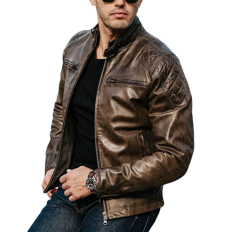 Men's Vintage Brown Stand Collar Shiny PU Leather Jacket MTA1708J2U