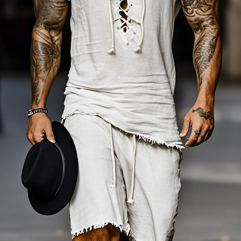 Men'S Fashion Cotton And Linen Lace-Up V Neck Sleeveless Tank Top Elastic Waist Shorts Set MTA0889E5Z