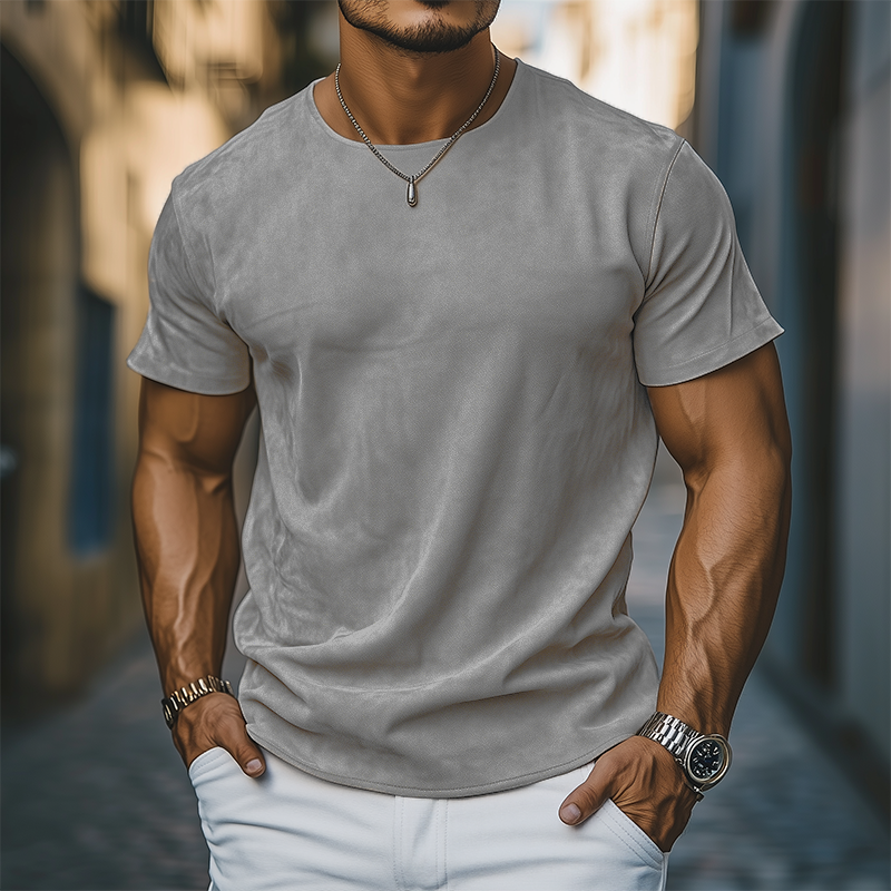 Men's Spring And Summer Casual Thin Suede Round Neck Short Sleeve T-Shirt MTA0165G7K