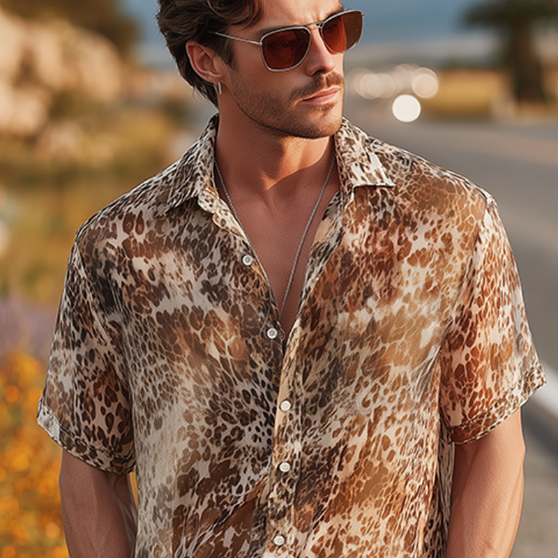 Men's Summer Fashion Casual Chiffon Slightly Transparent Sexy Leopard Print Short-sleeved Shirt MTA0595G1K