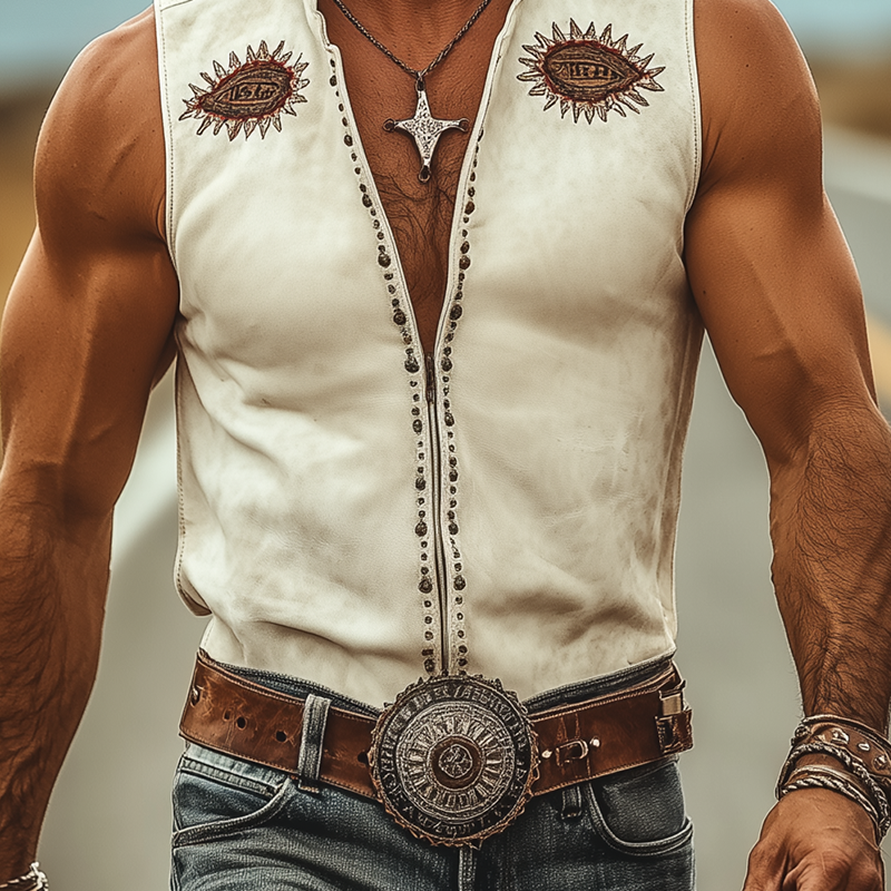 Men's Spring And Summer Fashion Casual Retro Western Cowboy Style Velvet Embroidery Rivet Decoration Zipper Suede Slim Sleeveless Shirt MTA1034E6K