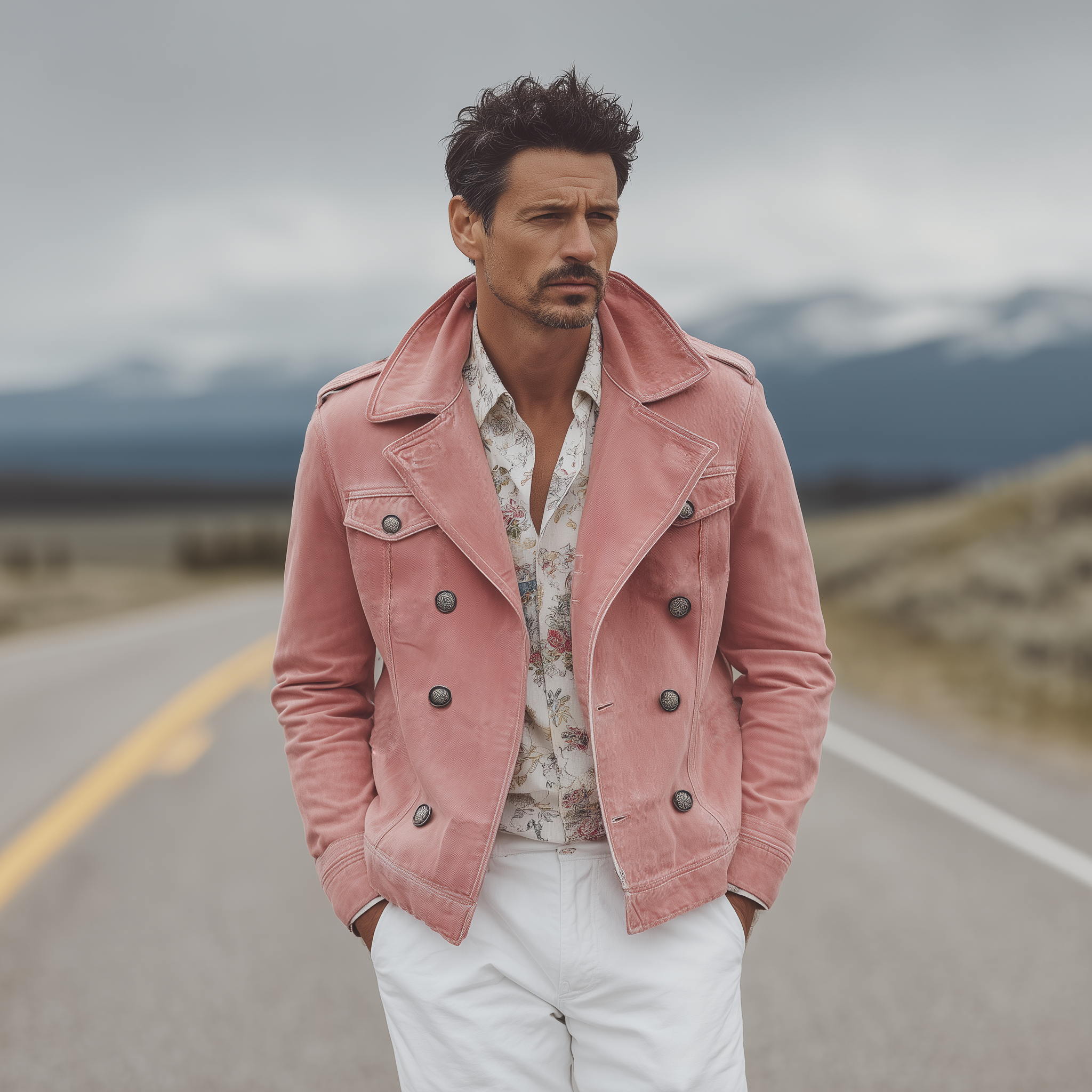 Men's Classic Western Vintage Lapel Washed Pink Denim Double Breasted Jacket MTA0309I2K