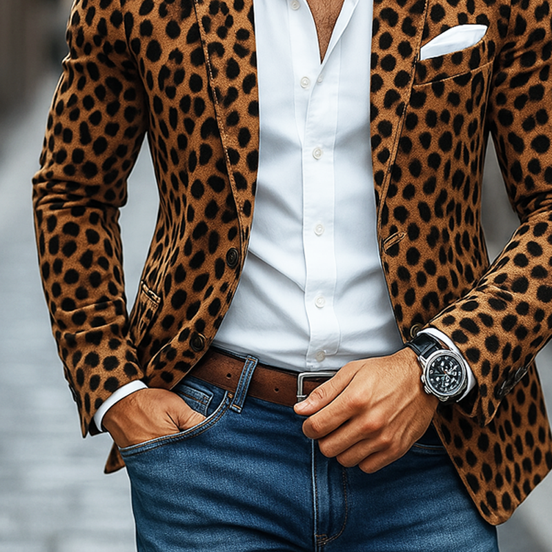 Men's Leopard Print Faux Suede Notch Lapel Two Buttons Blazer MTA0195I4Z