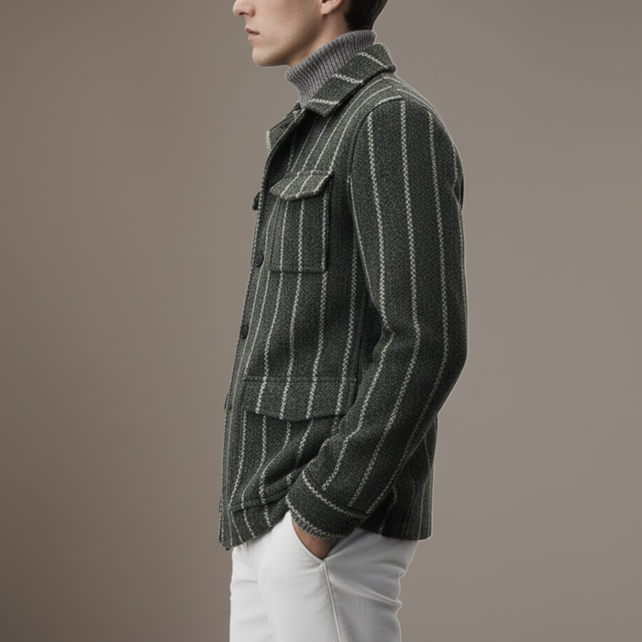 Men's Classic Retro Vertical Striped Faux Woolen Multi-pocket Jacket MTA2491I0K