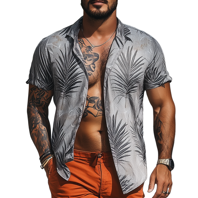 Men's Fashion Coconut Leaves Lapel Short Sleeve Casual Shirt MTA1491E6Z