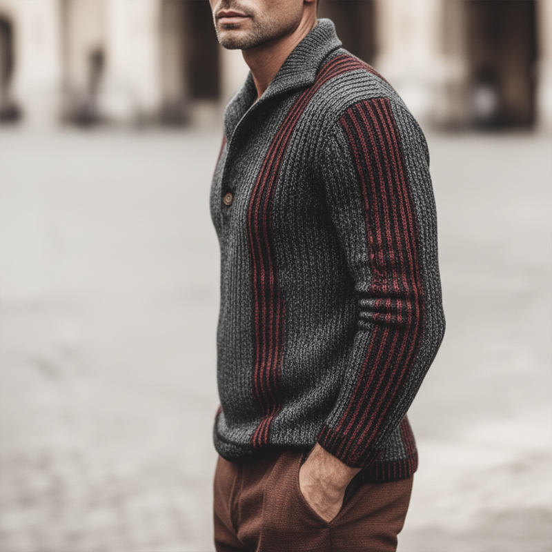 Men's Urban Dark Gray Color-Blocked Striped Button-Up Collar Knit Sweater MTA1987K0U