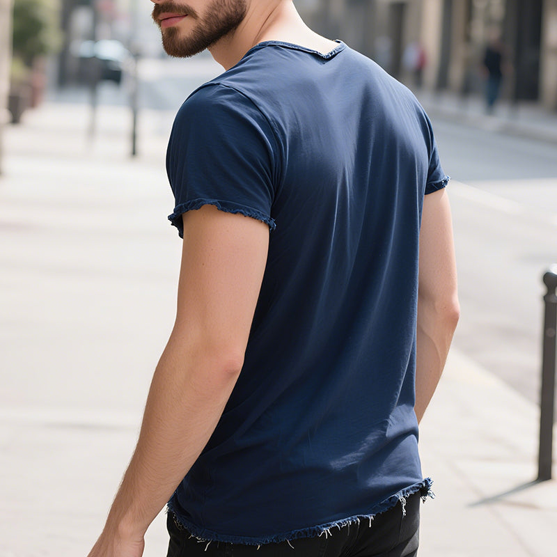 Men'S Retro Casual Solid Color Cotton Ripped V-Neck Short Sleeve T-Shirt MTA1046E4TO