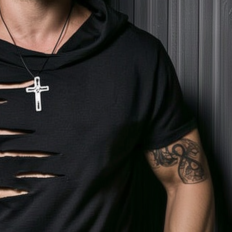 Men's Loose Solid Color Ripped Short-Sleeved Hoodie MTA2673F4X