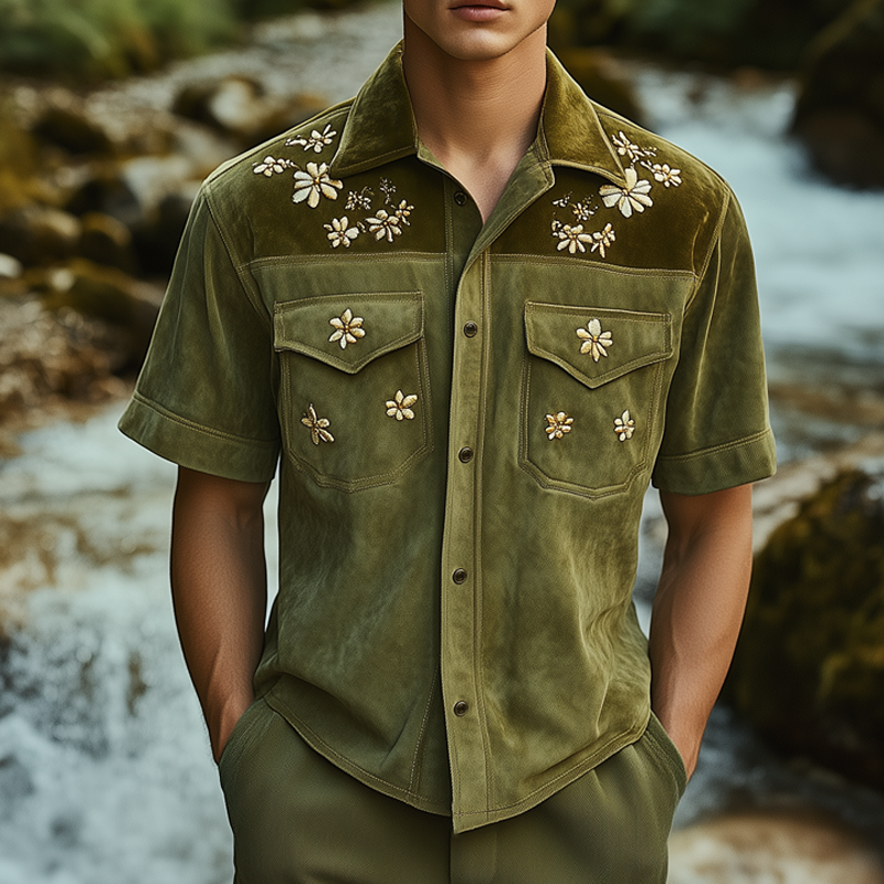 Men's Summer Floral Embroidery Colorblock Suede Short Sleeve Shirt MTA0707F3U