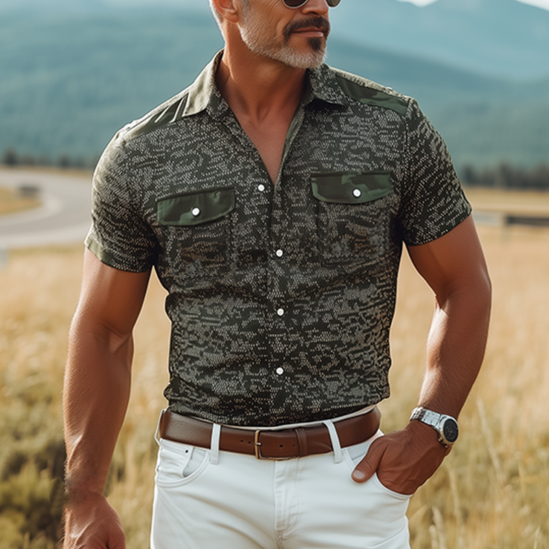 Men's Classic Retro American Western Camouflage Print Cotton Blend Multi-pocket Slim Fit Short-sleeved Pearl Snap Shirt MTA0564F7K