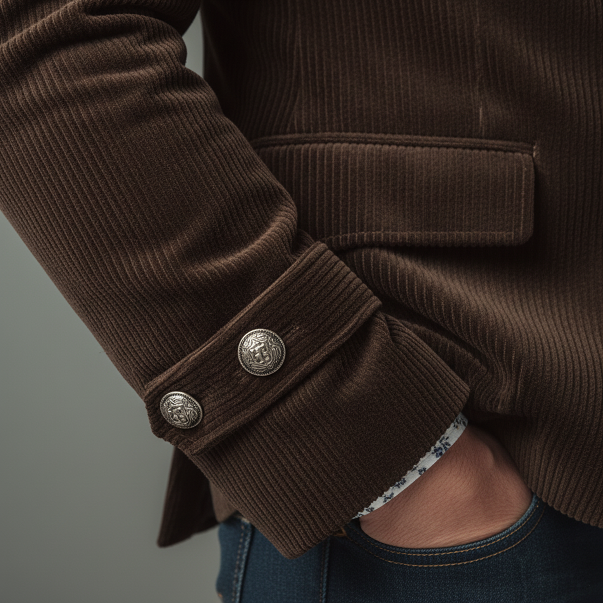 Men's Classic Casual Stand-up Collar Epaulette And Sleeve Tab Corduroy Jacket MTA2281I0K