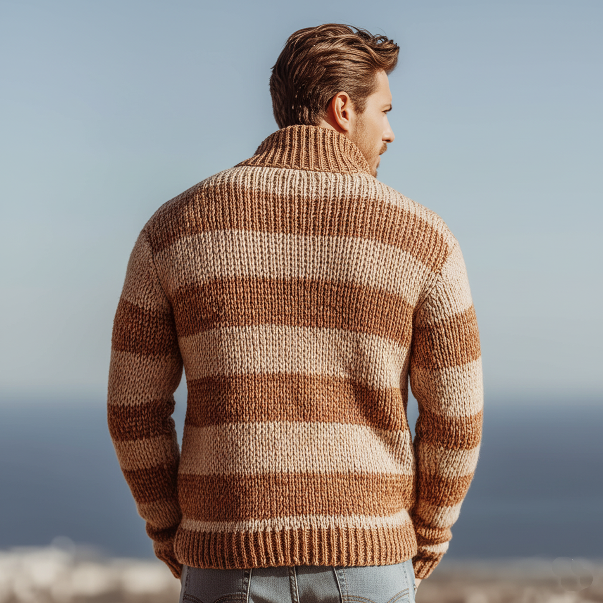 Men's Classic Casual Stand-up Collar Contrast Color Horizontal Stripes Slim Zipper Cardigan MTA2726J7K