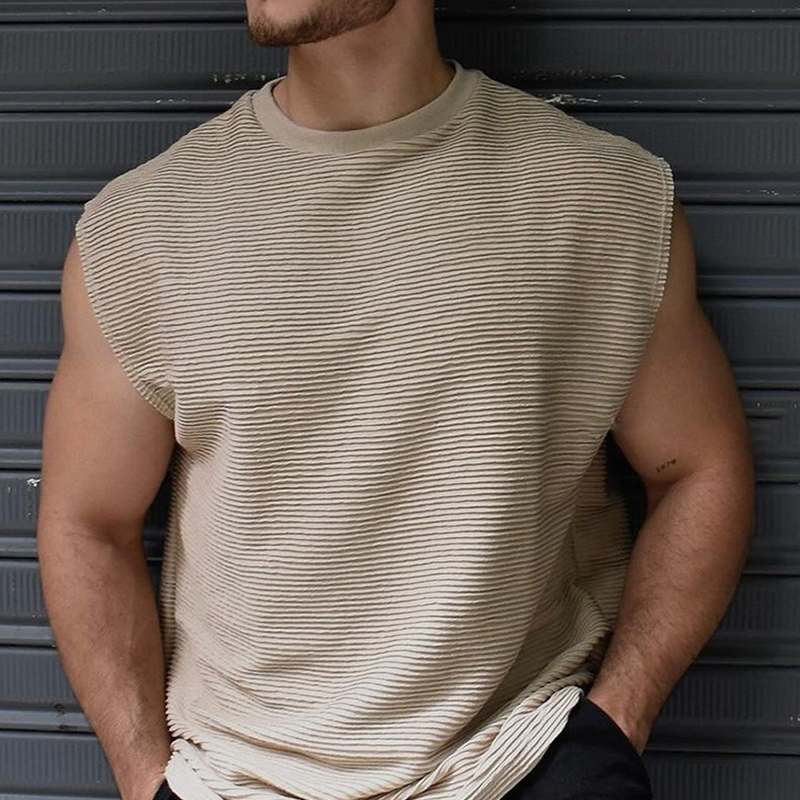 Men's Solid Wave Textured Round Neck Sleeveless Tank Top MTA2931G9Z