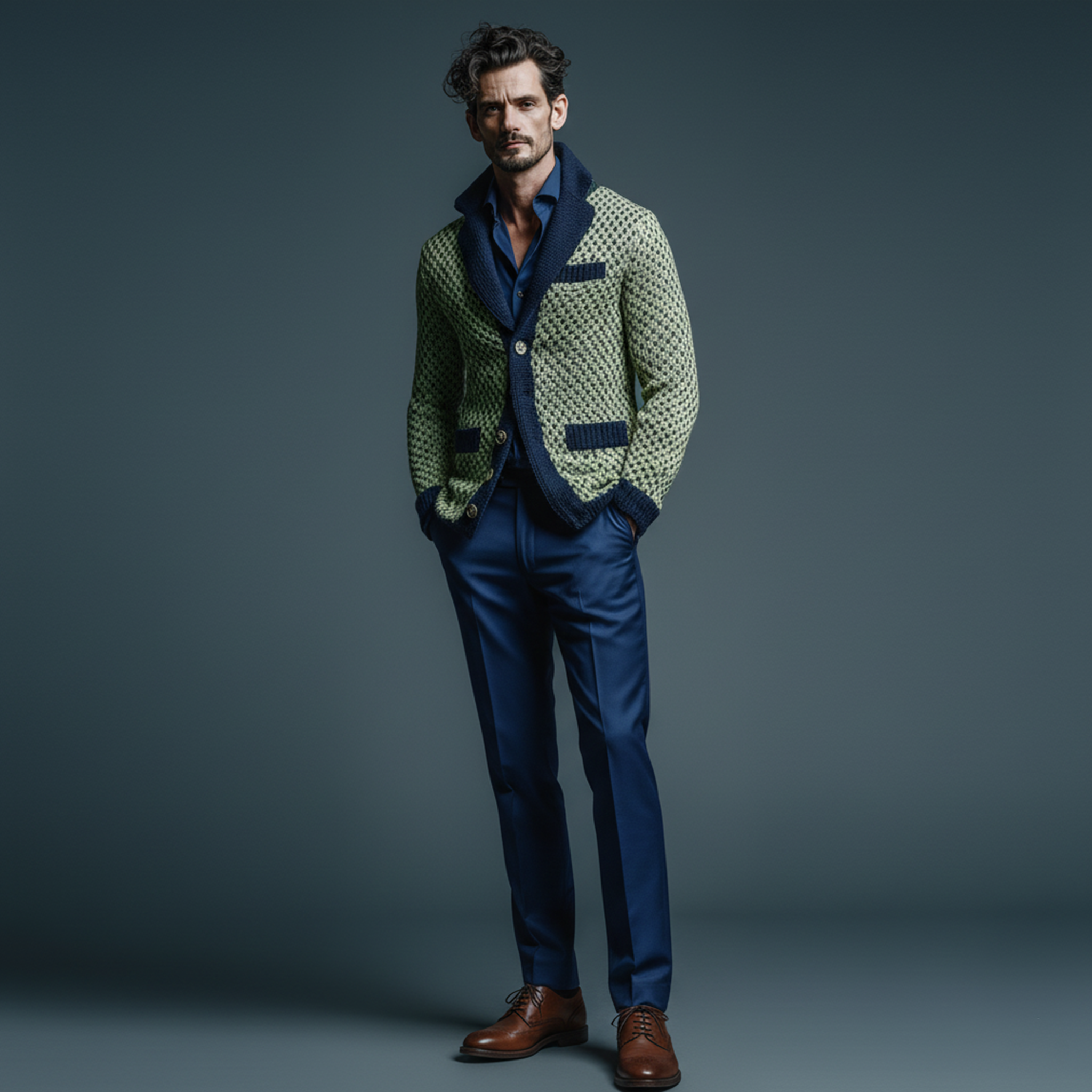 Men's Classic Casual Lapel Green And Navy Blue Slim Jacquard Knit Cardigan MTA2659I6K