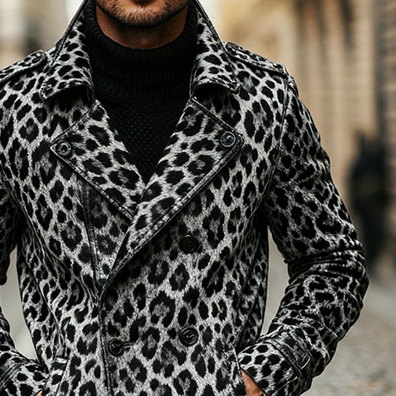 Men's Vintage Leopard Print Double Breasted Biker Jacket MTA1644J9X