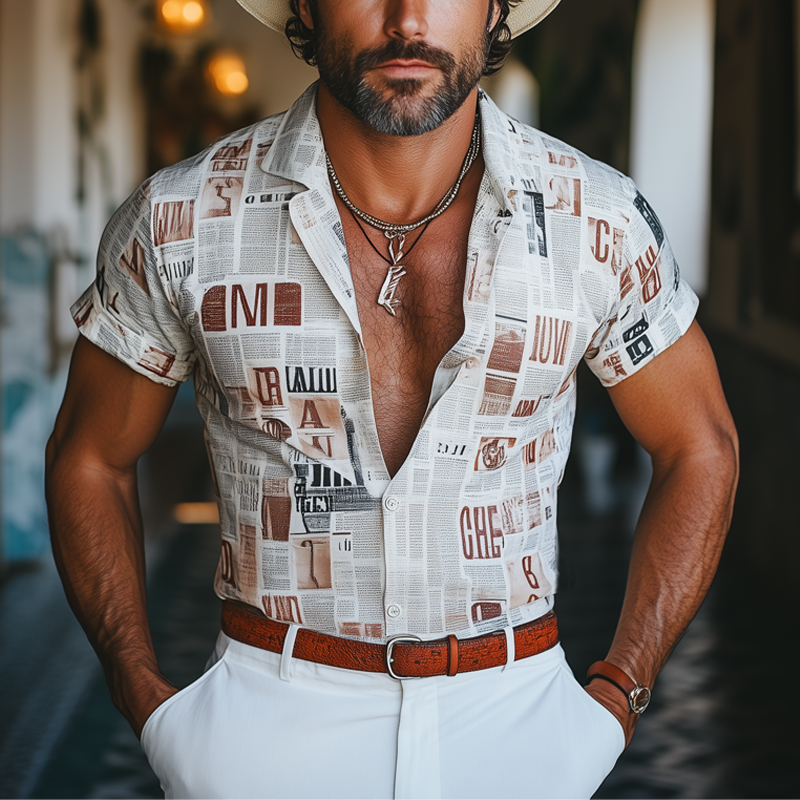 Men's Summer Fashion Newspaper Printed Short Sleeve Shirt MTA1001F0U
