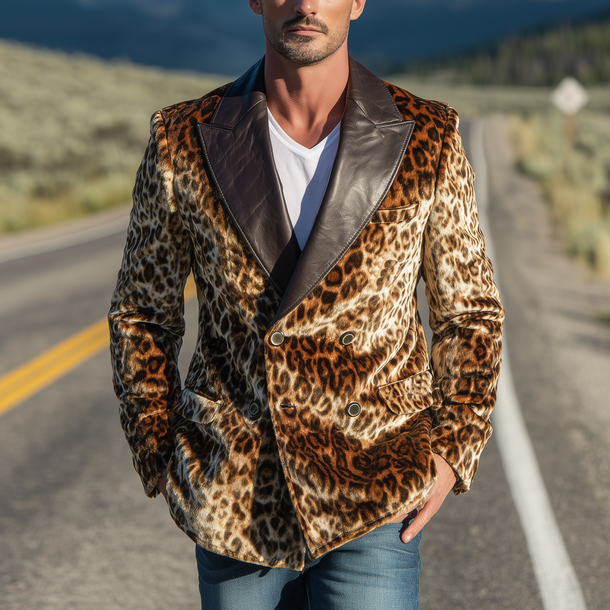 Men's Classic Retro Pu Leather Collar Leopard Velvet Double-breasted Blazer MTA0334I0K