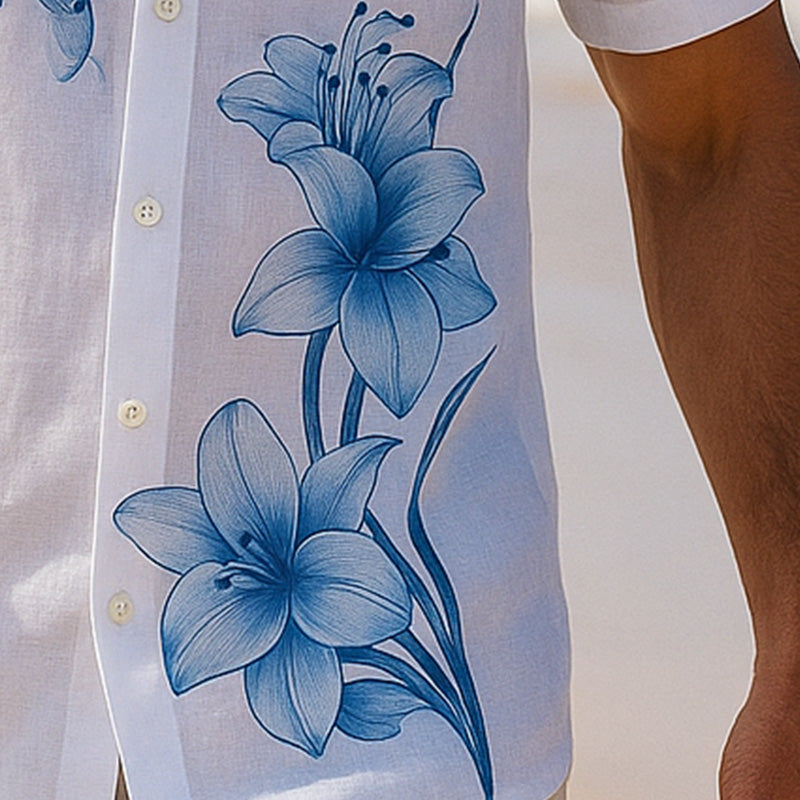 Men's Summer Lightweight Breathable Floral Print Linen Short Sleeve Shirt MTA2759E3P
