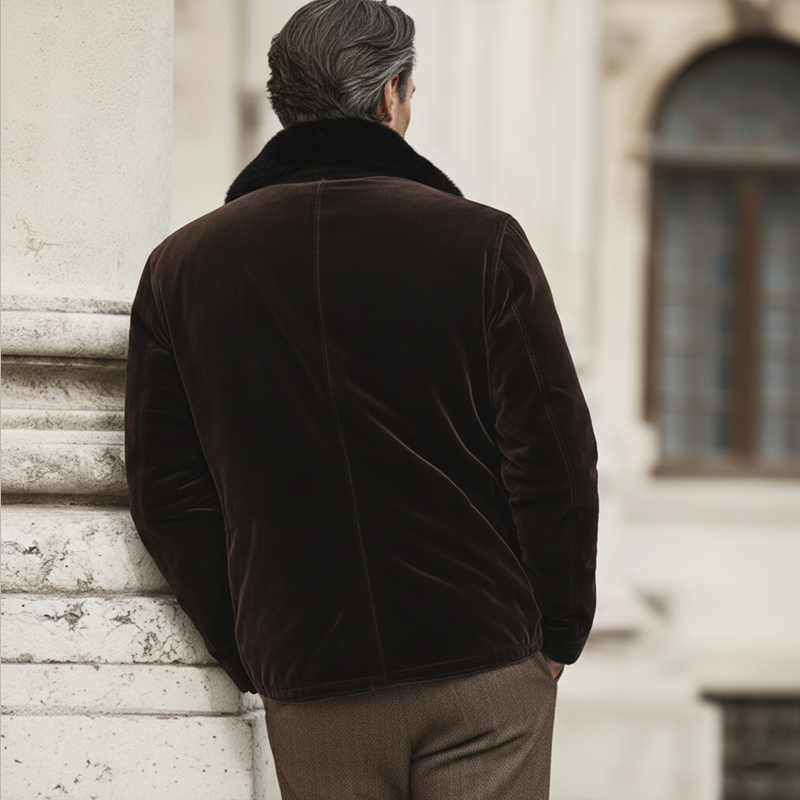 Men's Classic Chocolate Brown Velvet Fur Collar Jacket MTA2455K5U