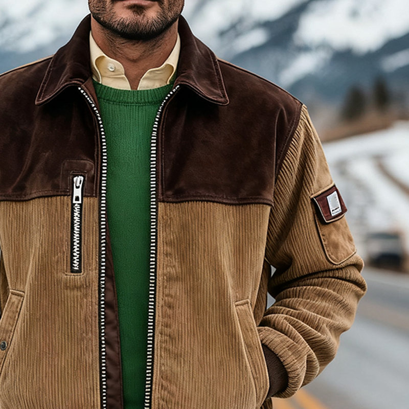 Men's Retro Color Block Faux Suede Corduroy Zip-Up Jacket MTA1165K8X