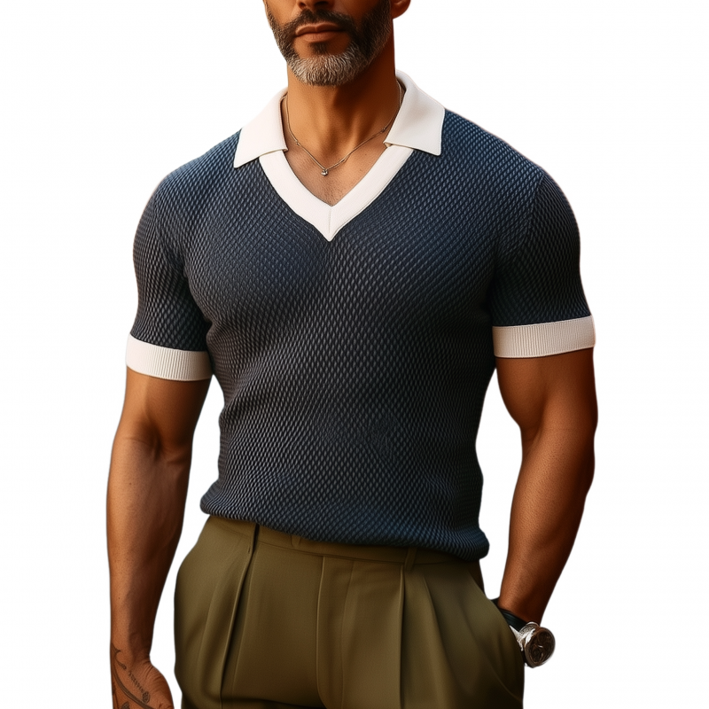 Men's Casual Breathable Colorblock Lapel Slim Fit Knitted Short-sleeved Polo Shirt MTA1543G7M