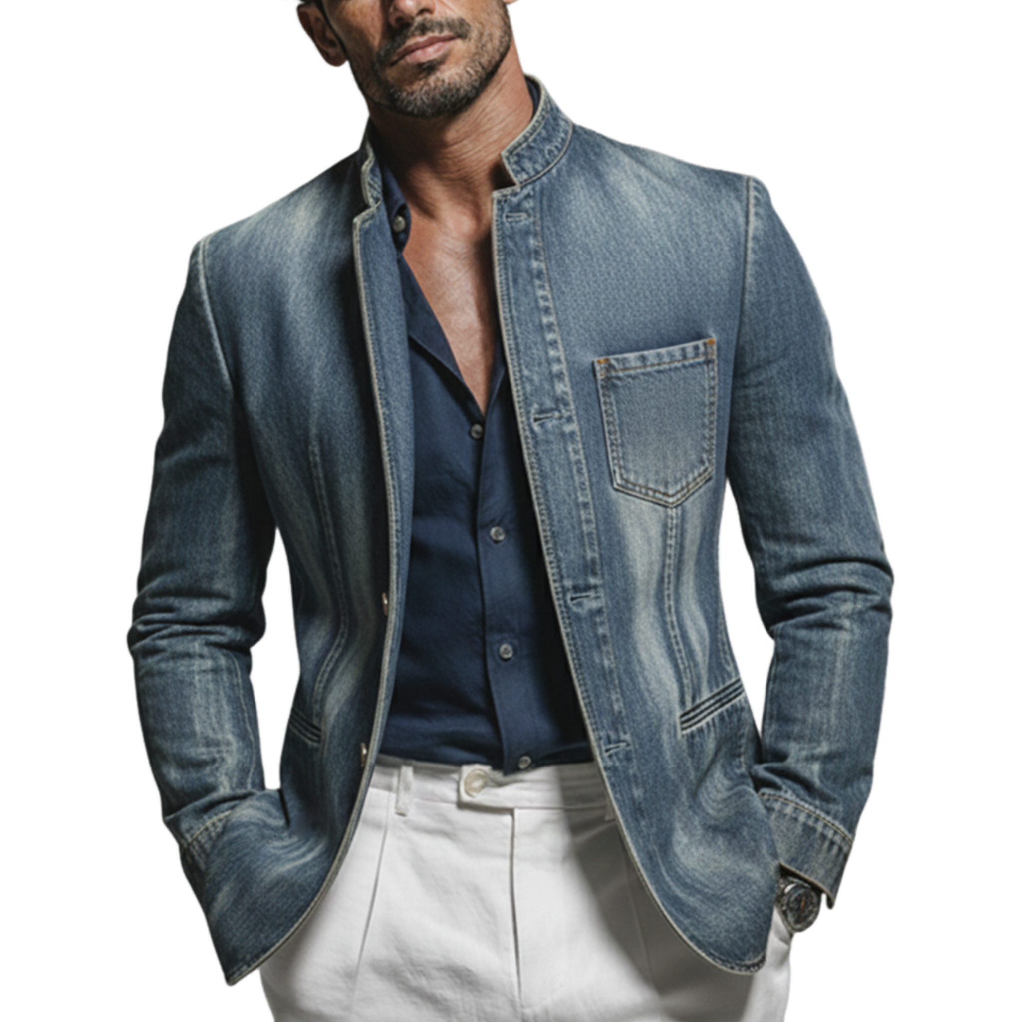 Men's Classic Retro Stand-up Collar Washed Denim Single-breasted Jacket MTA3021K4K
