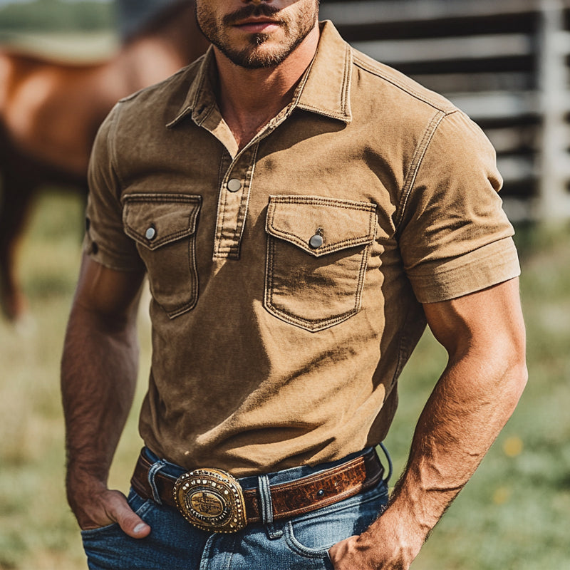 Men'S Cotton Solid Color Casual Multi-Pocket Short Sleeve Shirt MTA0975E8X