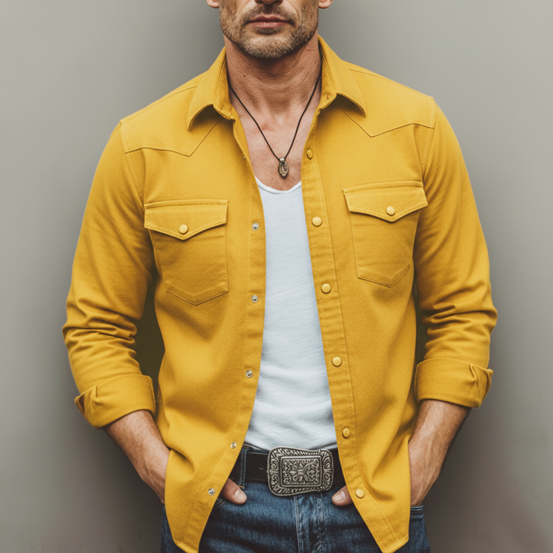 Men's Classic Mustard Yellow 100% Cotton Twill Long-sleeved Shirt MTZ0364B1U