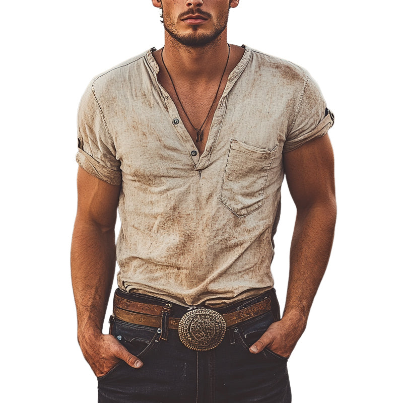 Men's Vintage Print Henley Short Sleeve T-Shirt MTA1527E6X
