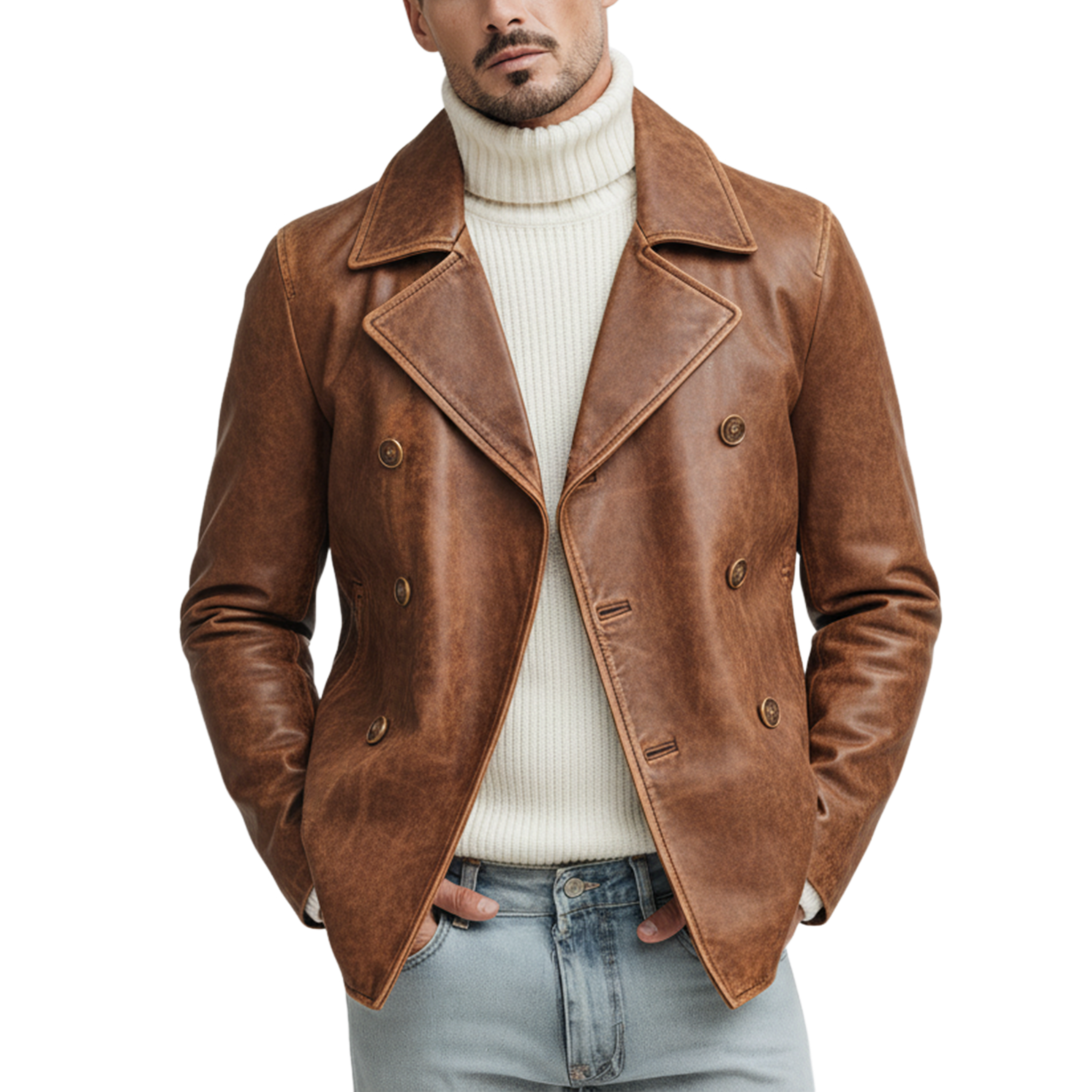 Men's Classic Retro Lapel PU Leather Double-breasted Jacket MTA2231J0K