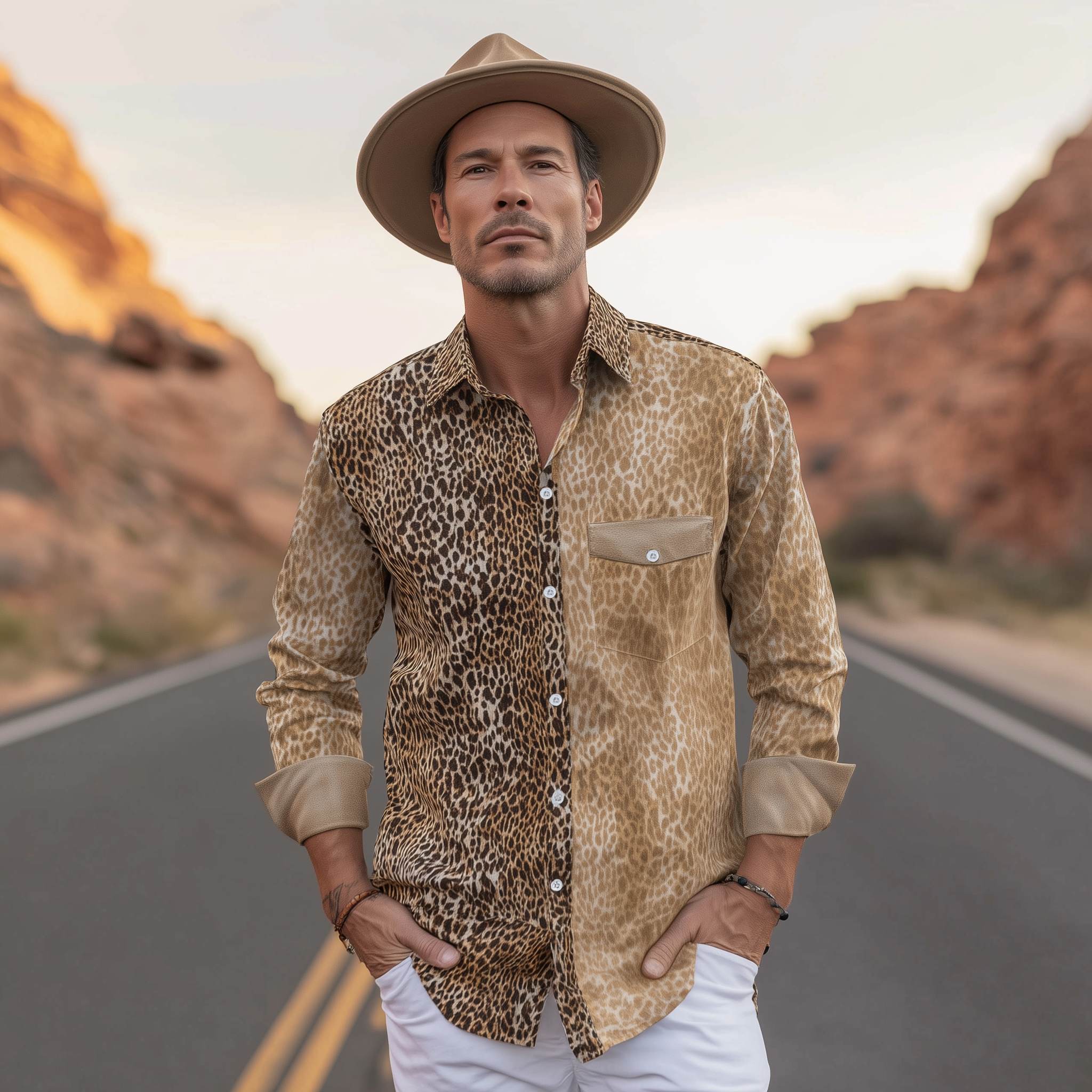 Men's Classic Retro Western Style Cuffs Suede Patchwork Leopard Print Cotton Blend Long Sleeve Shirt MTA2231H4K