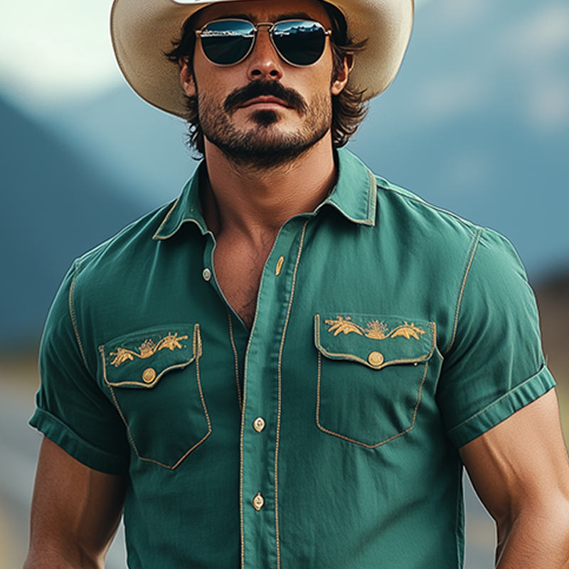 Men's Casual American Western Tough Style Cotton Blend Embroidered Slim Short Sleeve Shirt MTA1639F7K