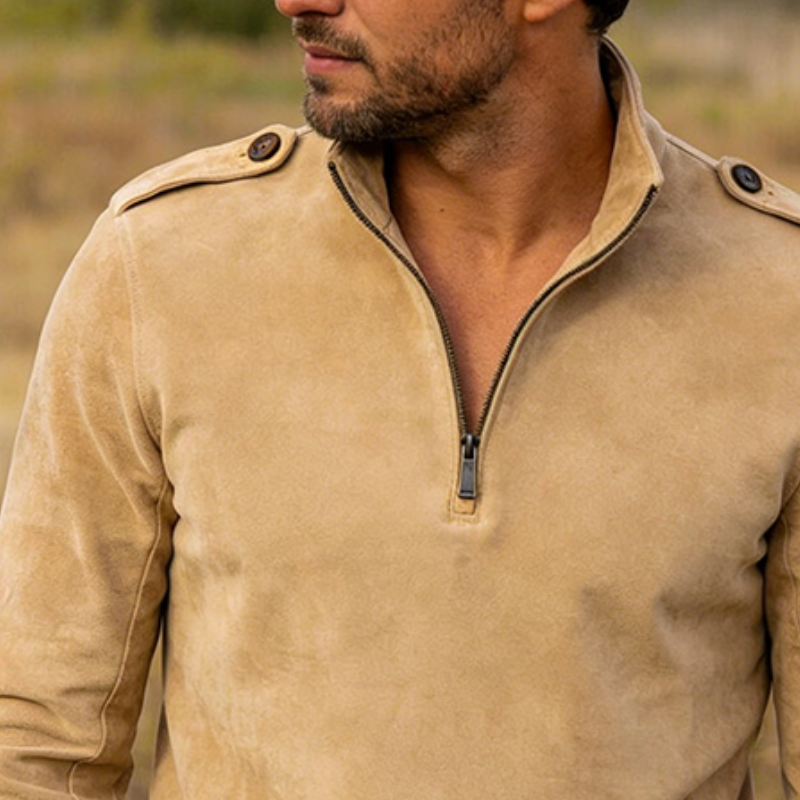 Men's Retro Casual Faux Suede Zipper Stand Collar Long-Sleeve T-Shirt MTA1138L9TO