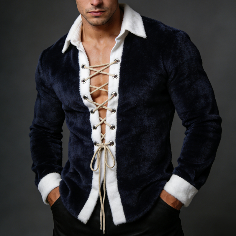 Men's Vintage Casual Plush Color-blocked Lapel Long-sleeved Shirt MTA0572L8TO