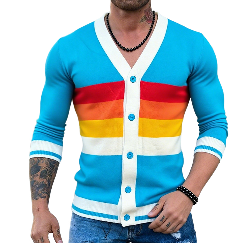 Men's Retro Casual Rainbow Striped Knit Color Block Shirt Cardigan MTA0679K8TO