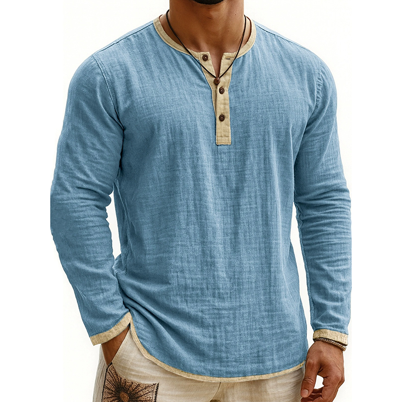 Men's Cotton Blend Contrast Color Henley Collar Long Sleeve T-shirt MTA2594H7X