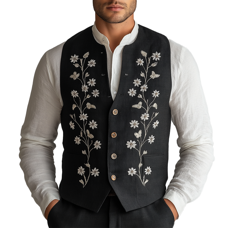 Men's Summer Fashion Cotton And Linen Embroidered Suit Vest MTA1018F1P