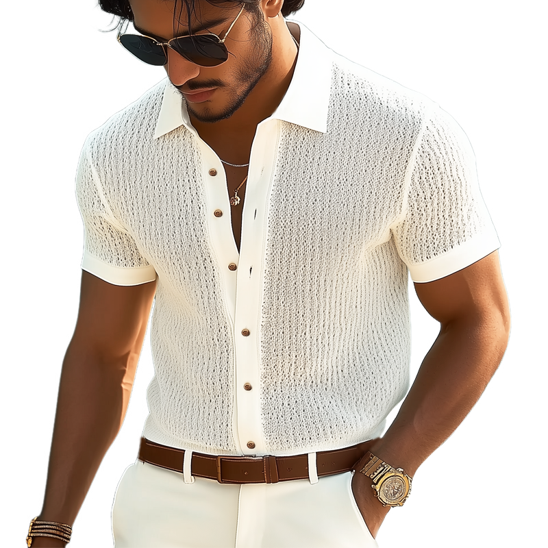 Men's Business Solid Color Knitted Short-sleeved Shirt MTA1836G7U