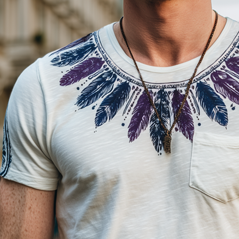 Men's Fashion Feather Print Slub Cotton Round Neck Short Sleeve T-Shirt MTA0996G1U