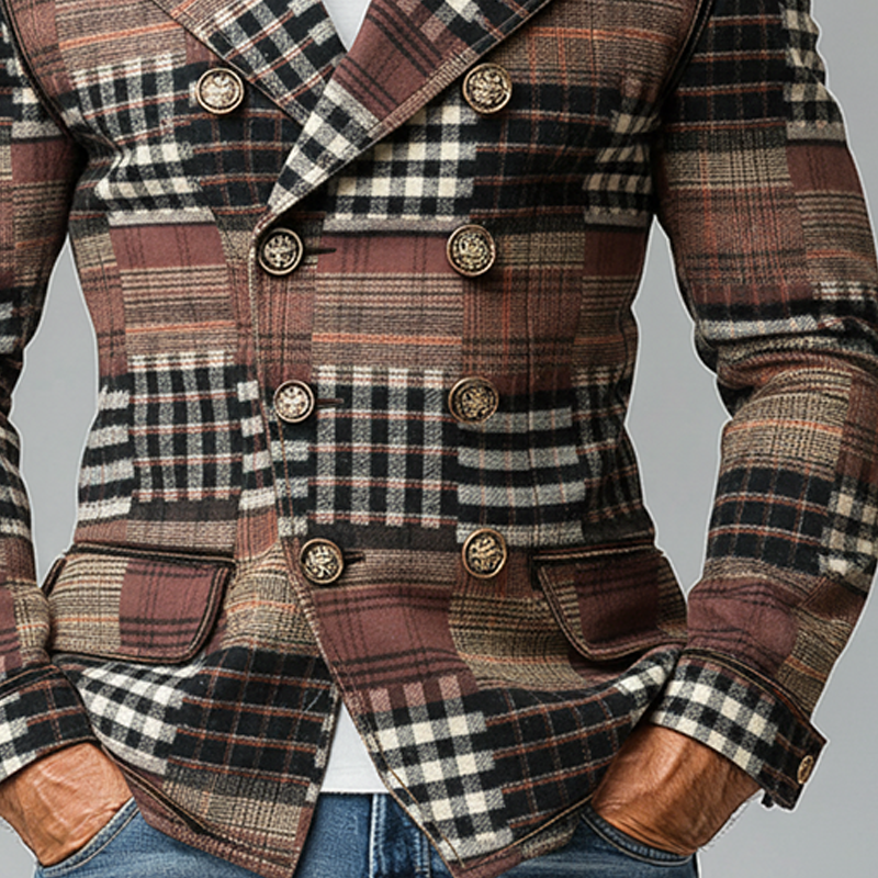 Men's Brushed Plaid Patchwork Lapel Double-breasted Blazer MTA2497K9X