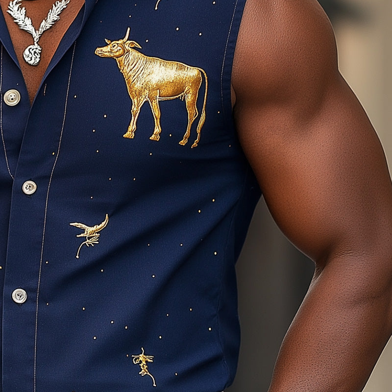 Men's Summer Western Cowboy Style Embroidered Cotton And Linen Sleeveless Shirt MTA2916E9P