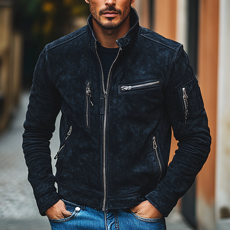 Men's Retro Solid Color Stand Collar Zipper Faux Suede Jacket MTA0570K1X