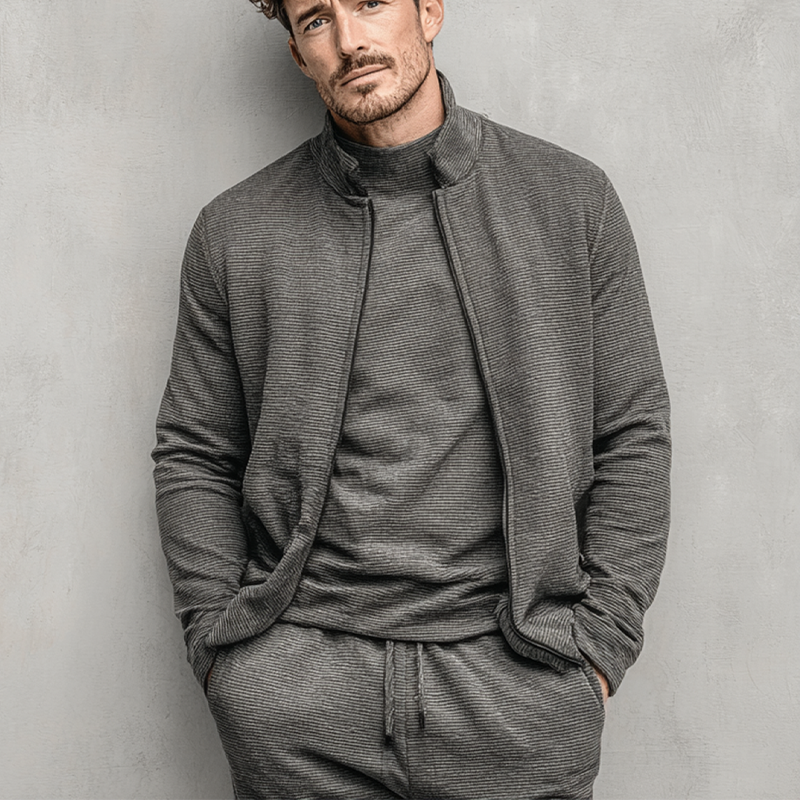 Men's Blended Stand-up Collar Striped Textured Jacket MTA2977K4X