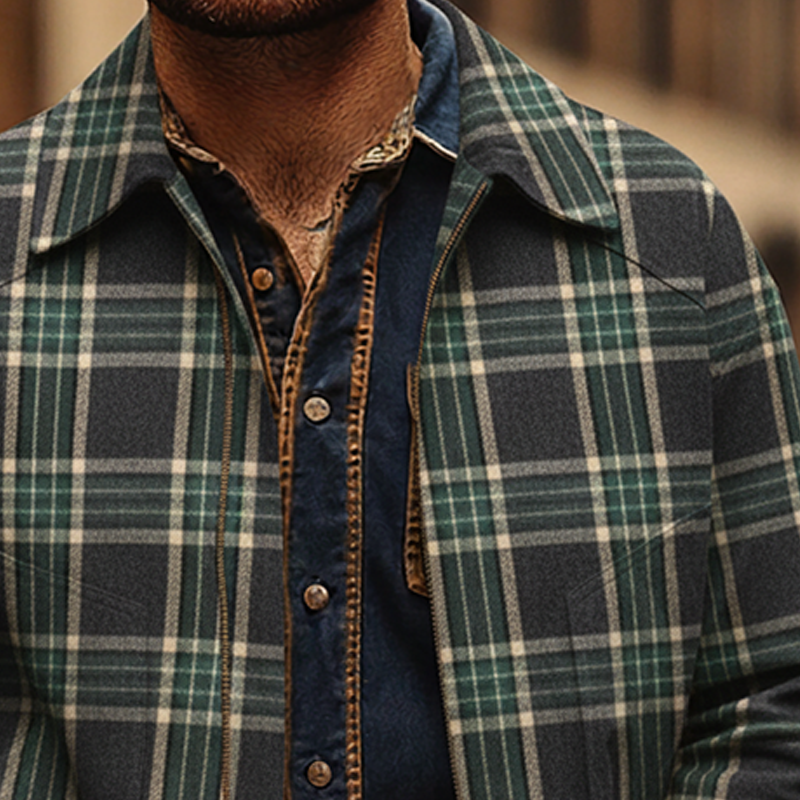 Men's Retro Brushed Plaid Lapel Zip-Up Jacket MTA2466K0X